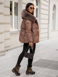 Kurtka zimowa damska z futerkiem ciemno-beżowa OZONEE JS/16M9206/84