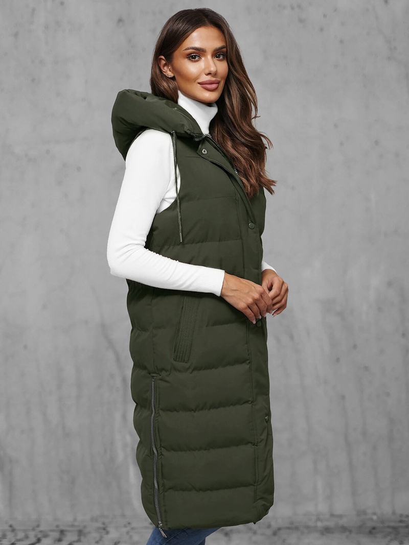 Kamizelka damska długa pikowana ciemno-zielona OZONEE JS/5M3157/136