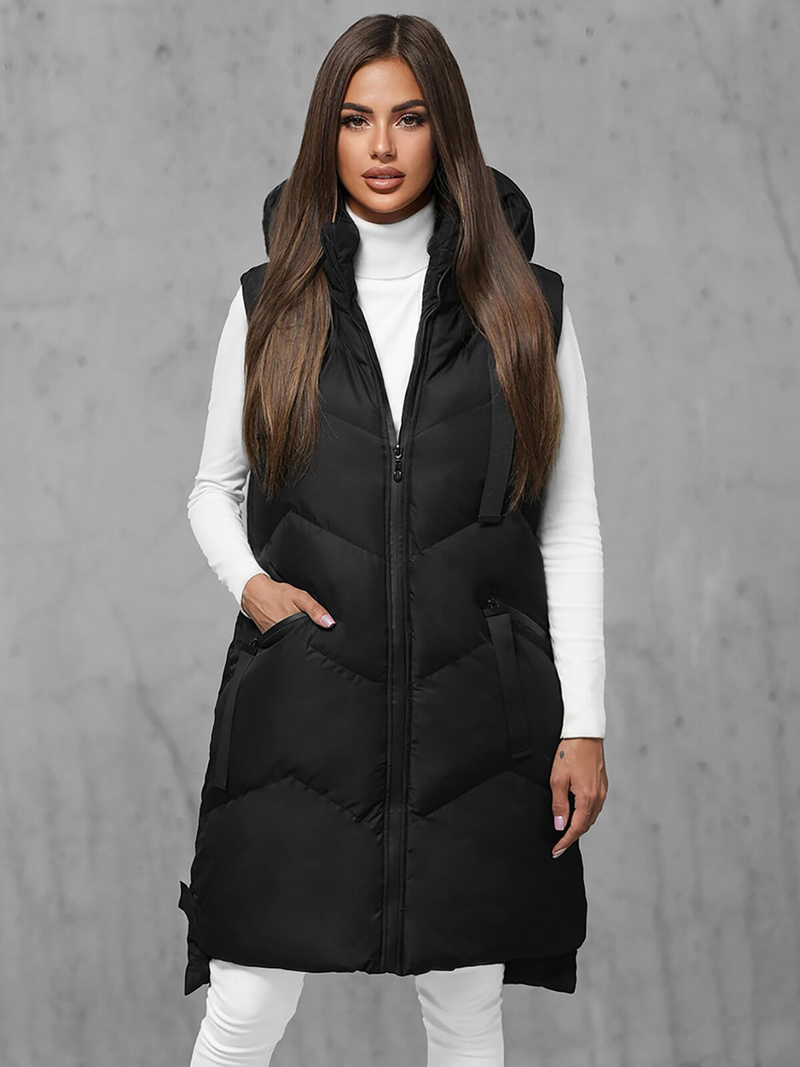 Kamizelka damska długa pikowana z kapturem czarna OZONEE JS/M788/392Z