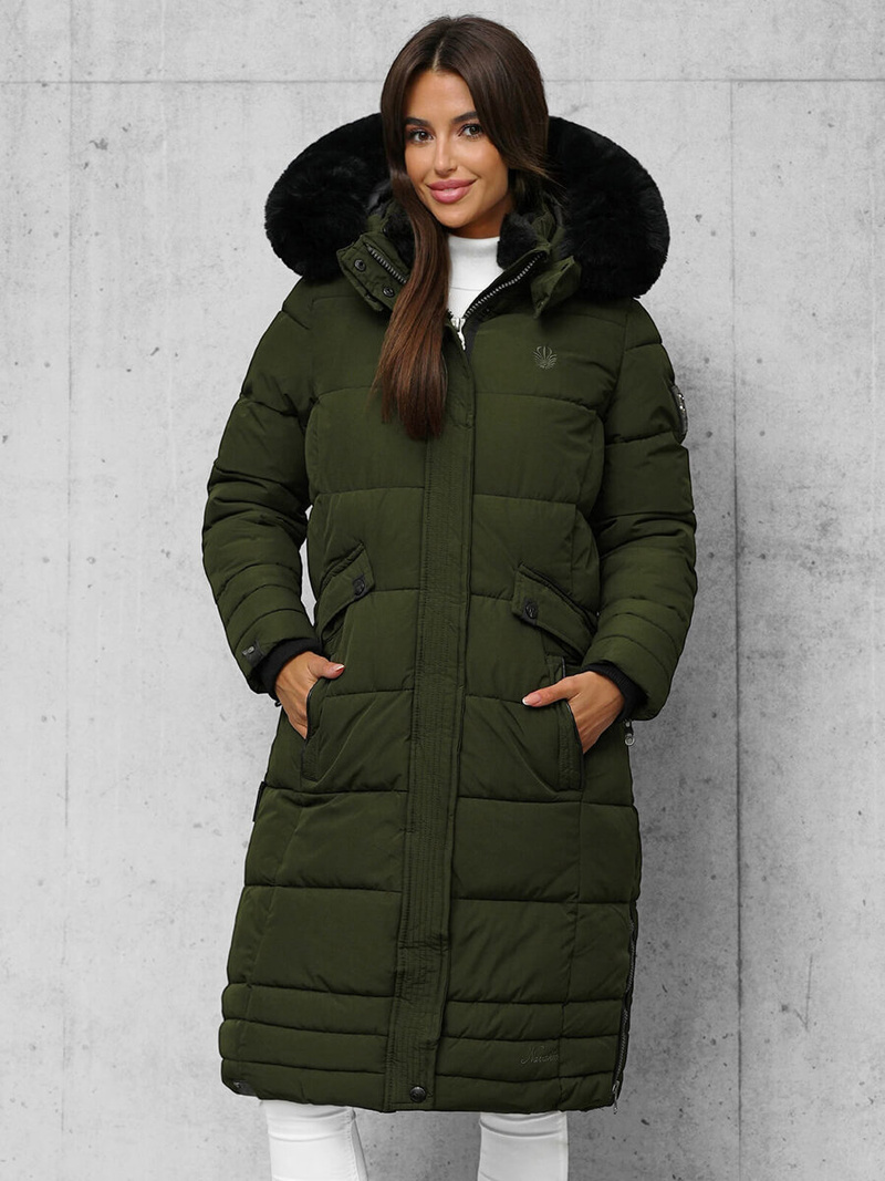 Kurtka zimowa damska długa pikowana khaki OZONEE O/W377