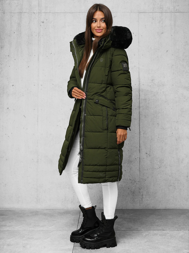 Kurtka zimowa damska długa pikowana khaki OZONEE O/W377
