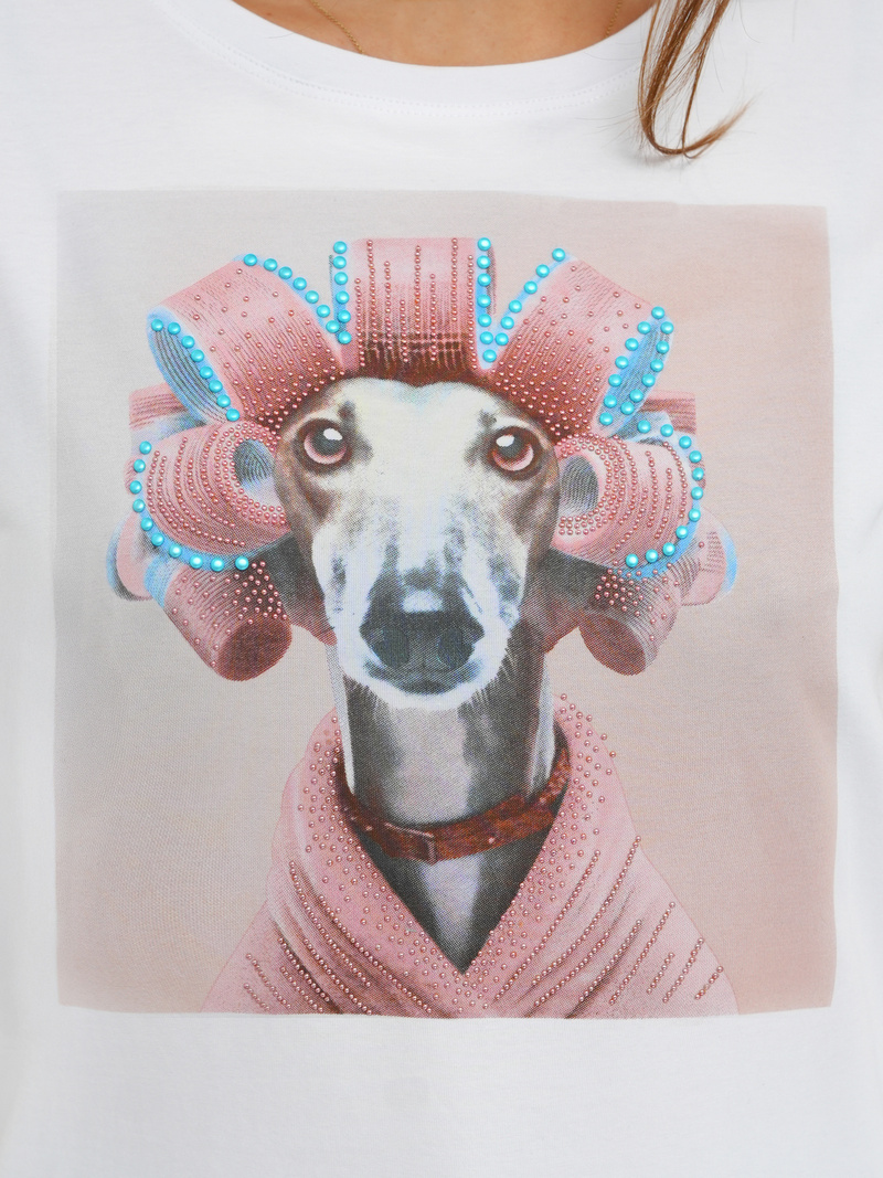 T-shirt damski z nadrukiem biało-różowy OZONEE JS/YJ77726