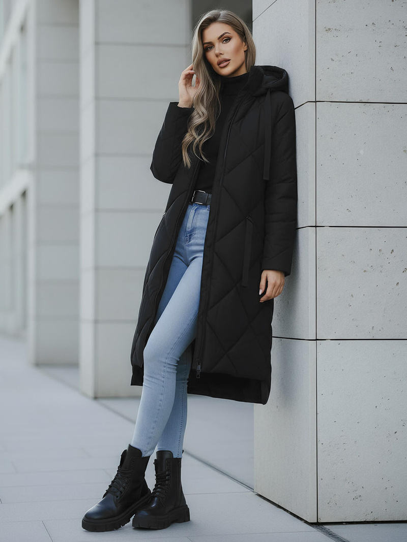 Kurtka zimowa damska długa pikowana czarna OZONEE JS/5M3168/392Z