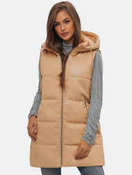 Kamizelka damska długa skórzana beżowa OZONEE O/AY756