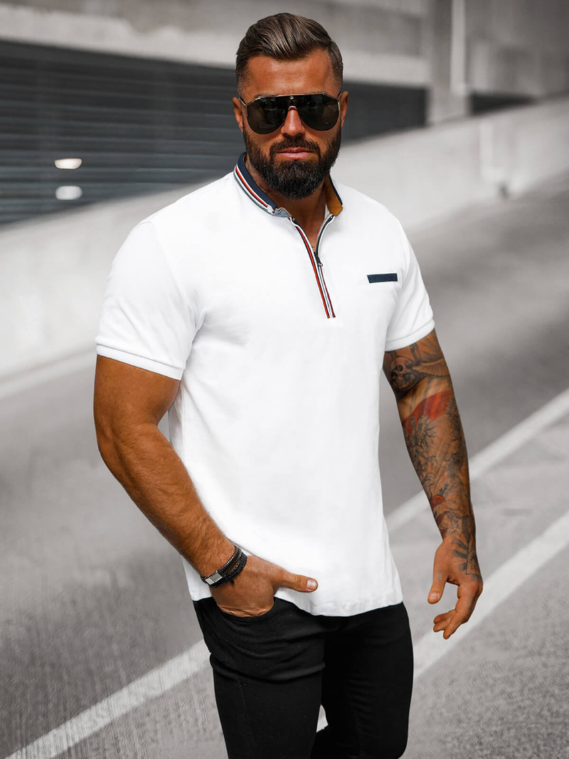 Koszulka męska polo ze stójka biała OZONEE O/DA829