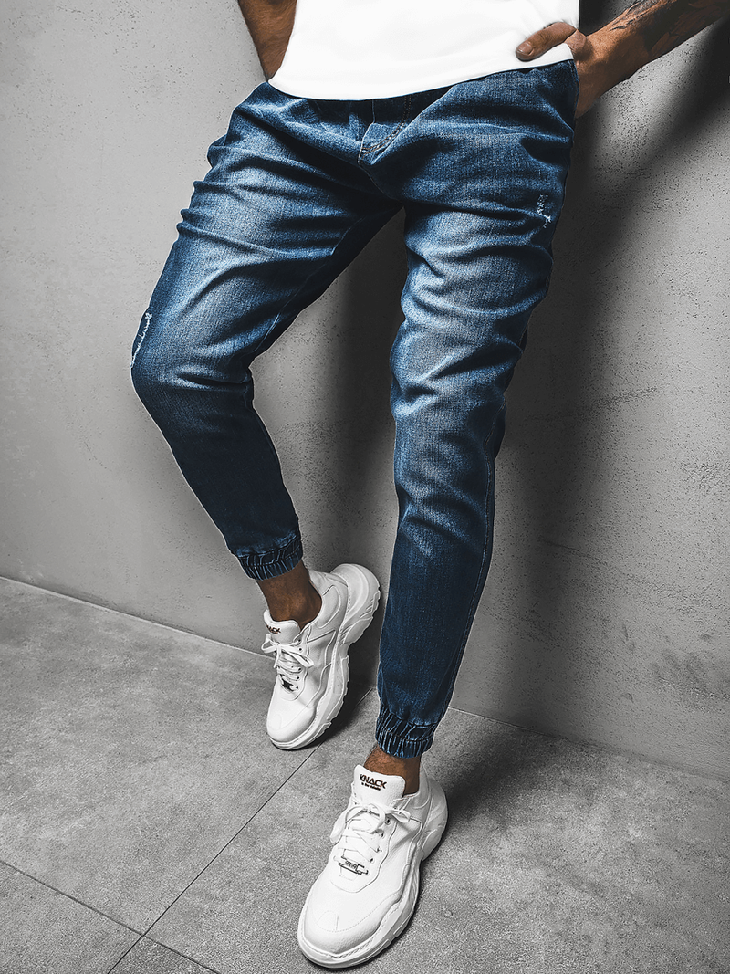 Spodnie męskie joggery jeansowe ciemnoniebieskie OZONEE OT/1076