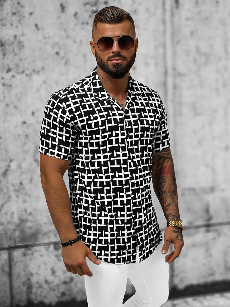 Koszula męska z krótkim rękawem czarno-biała OZONEE E/1400/28Z