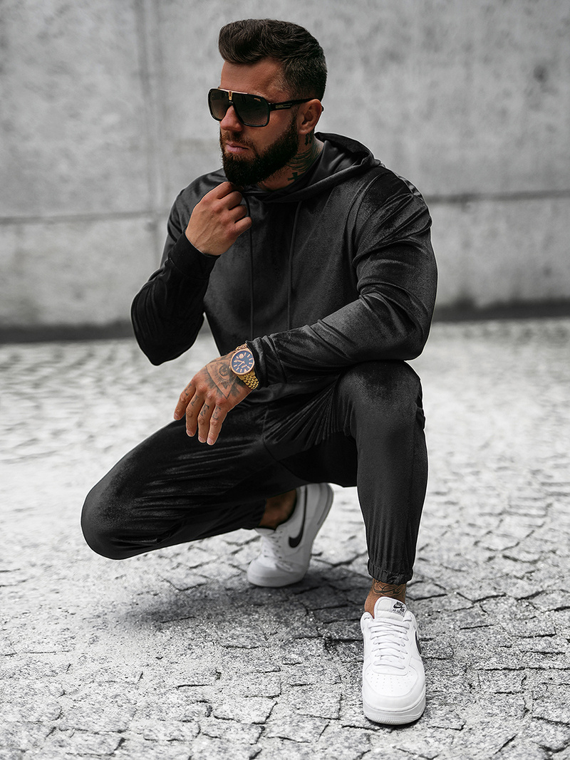 Komplet dresowy męski welurowy czarny OZONEE O/D7517