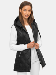 Kamizelka damska długa pikowana z kapturem czarna OZONEE N/7006/1