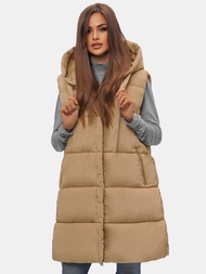 Kamizelka damska długa pikowana z kapturem beżowa OZONEE O/81266