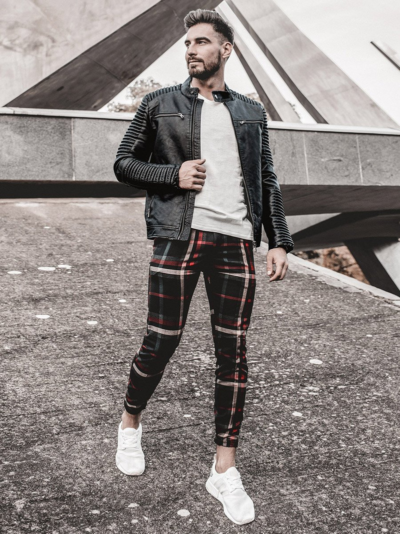 Spodnie męskie chino materiałowe granatowo-czerwone OZONEE DJ/5587