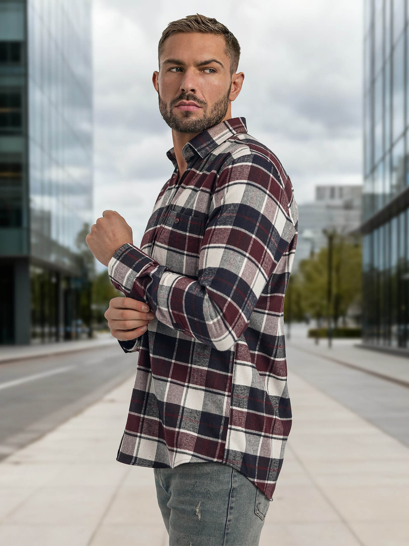 Koszula męska w kratę bordowa OZONEE V/V174
