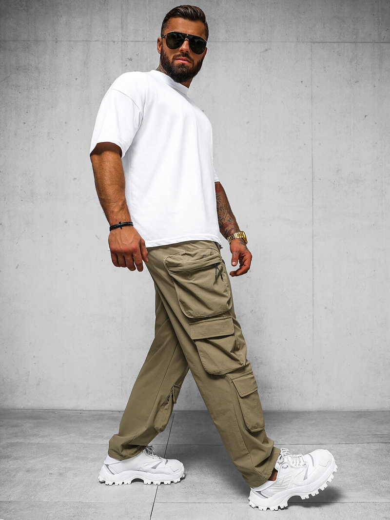 Spodnie męskie cargo wide leg ciemno-beżowe OZONEE O/PS5528