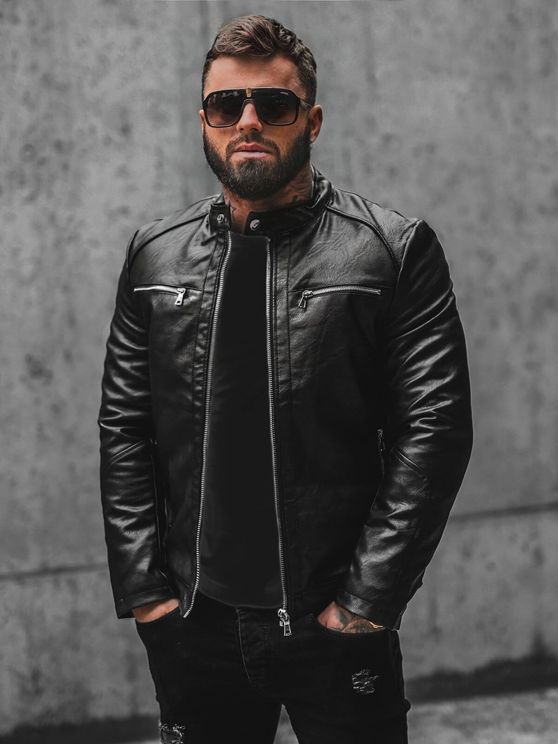 Чоловіча шкіряна куртка Чорна OZONEE JS/11Z8003Z