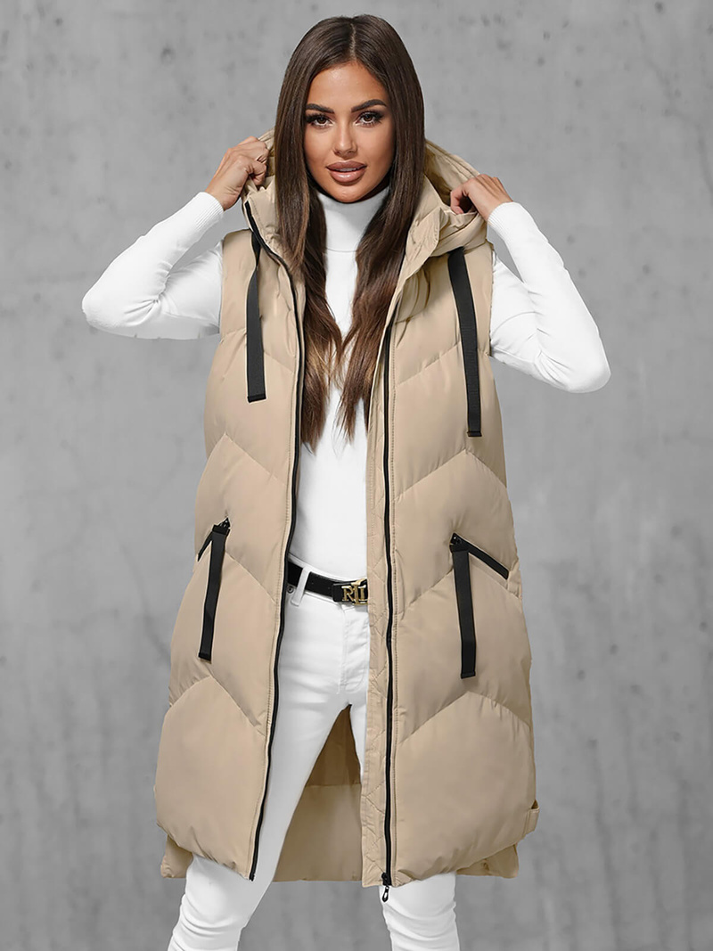 Kamizelka damska długa pikowana z kapturem beżowa OZONEE JS/M788/62Z