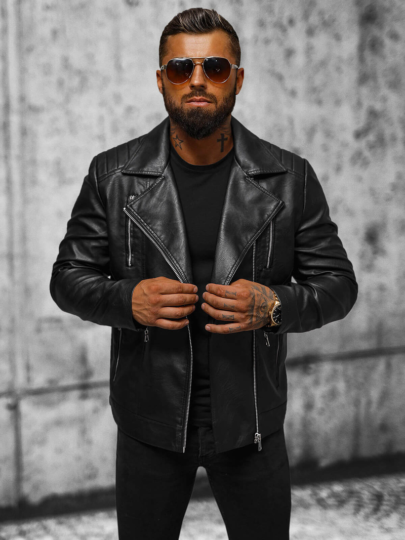 Чоловіча шкіряна куртка Чорна OZONEE JS/11Z8067