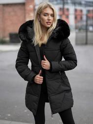 Kurtka zimowa damska długa z futerkiem czarna OZONEE JS/16M9099/392Z