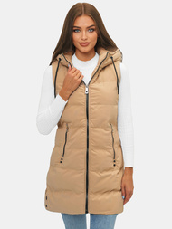 Kamizelka damska długa pikowana z kapturem beżowa OZONEE N/7046