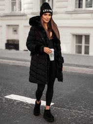 Kurtka zimowa damska długa z futerkiem czarna OZONEE JS/5M3156/392Z