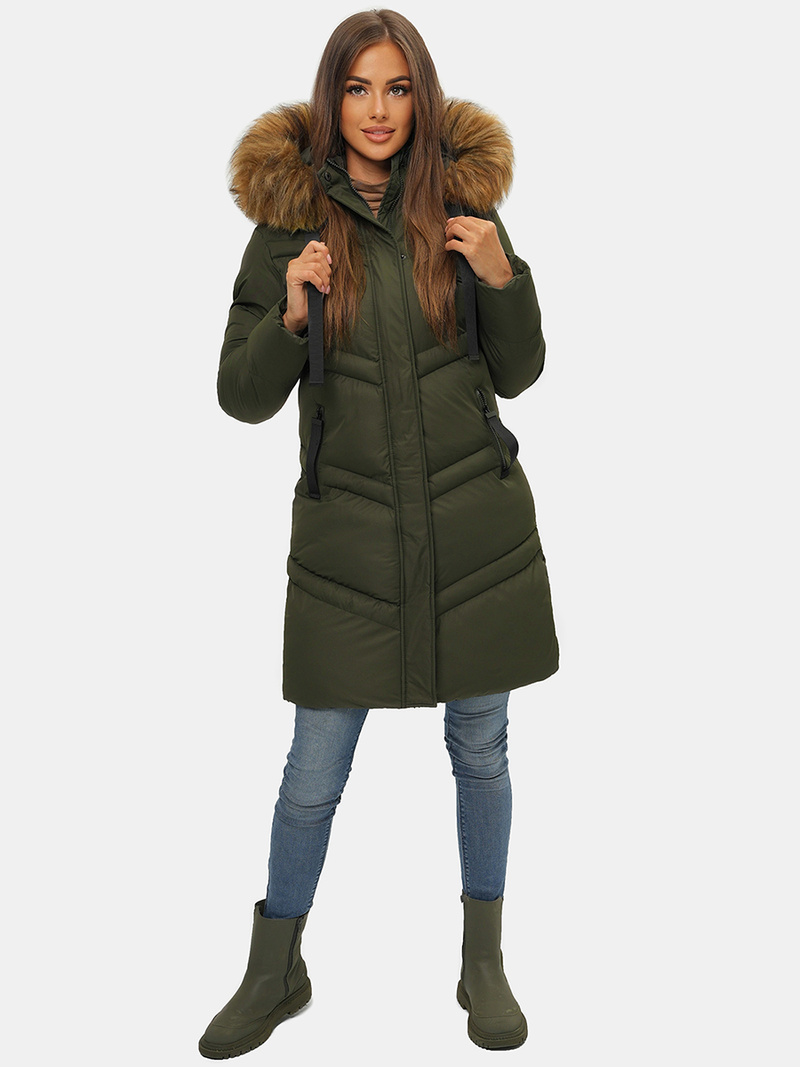 Płaszcz zimowy damski z kapturem ciemno-zielony OZONEE JS/M731/136
