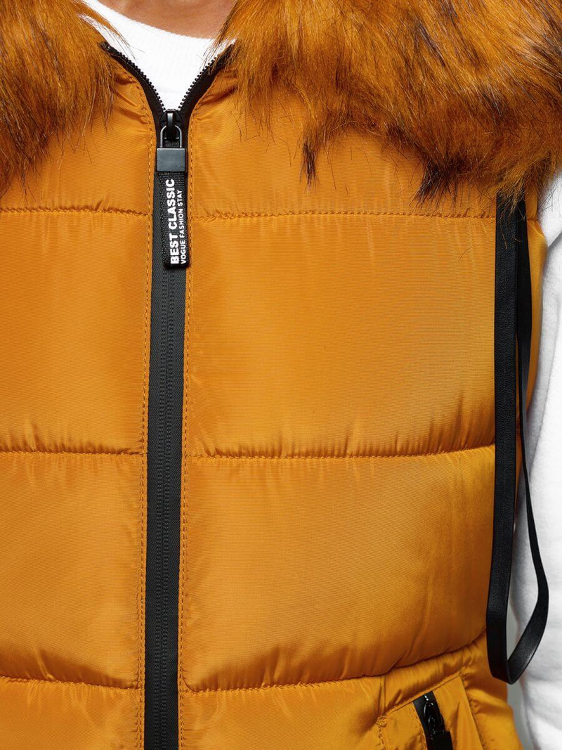 Kamizelka damska długa pikowana z futerkiem camelowa OZONEE O/M205/87