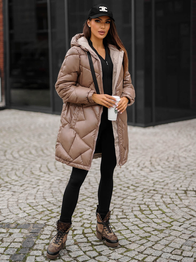 Kurtka zimowa damska długa camelowa OZONEE JS/5M3189/84Z