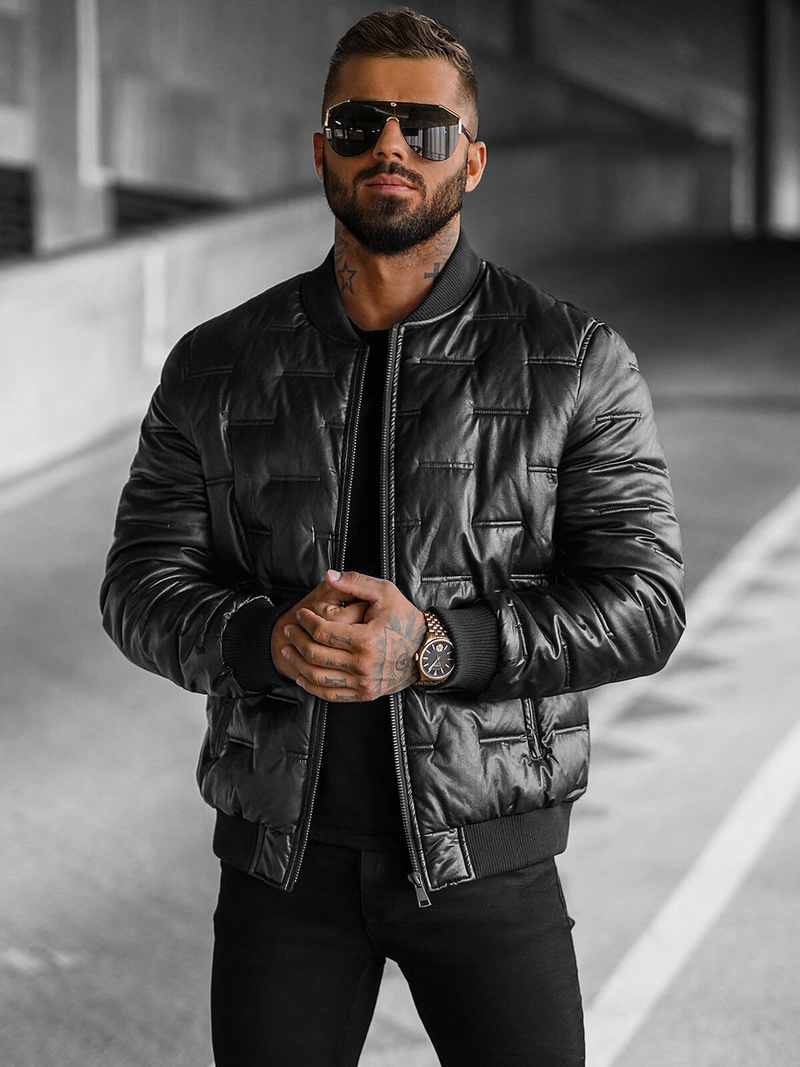 Kurtka skórzana męska bomberka czarna OZONEE O/11Z8099Z