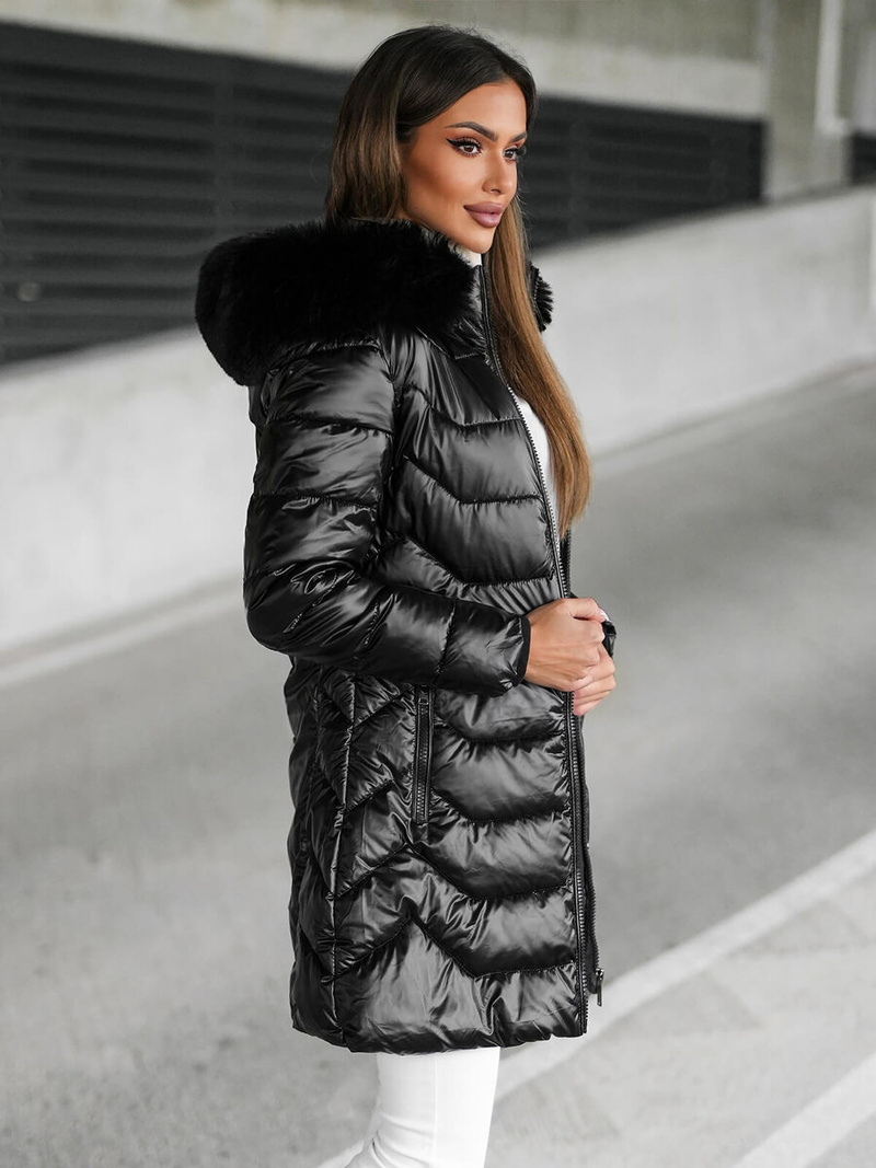 Kurtka zimowa damska długa z futerkiem czarna OZONEE JS/16M9122/392Z