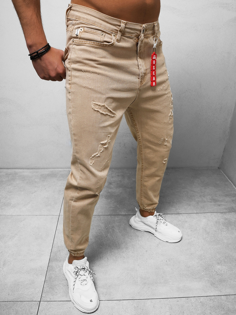 Spodnie jeansowe joggery męskie beżowe OZONEE DO/6058