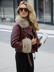 Kurtka ramoneska damska z futerkiem bordowa OZONEE JS/61M8512/6