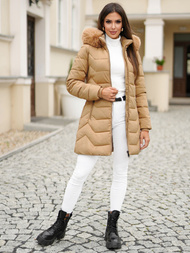 Kurtka zimowa damska długa z futerkiem beżowa OZONEE JS/16M9121/62Z
