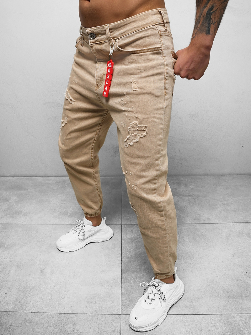 Spodnie jeansowe joggery męskie beżowe OZONEE DO/6058
