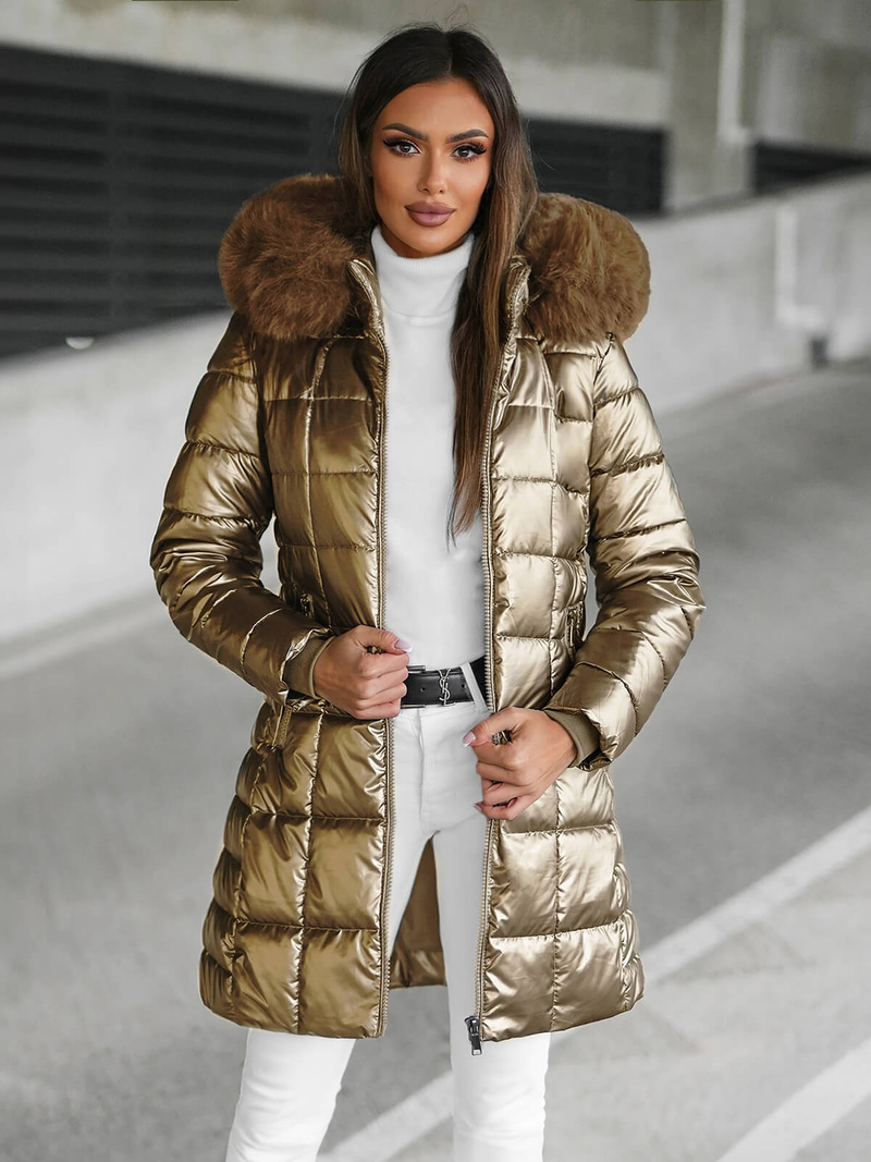 Kurtka zimowa damska długa z futerkiem złota OZONEE JS/16M9120/403Z