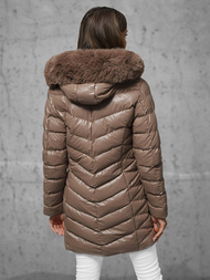Kurtka zimowa damska długa z futerkiem ciemno-beżowa OZONEE JS/5M3139/84