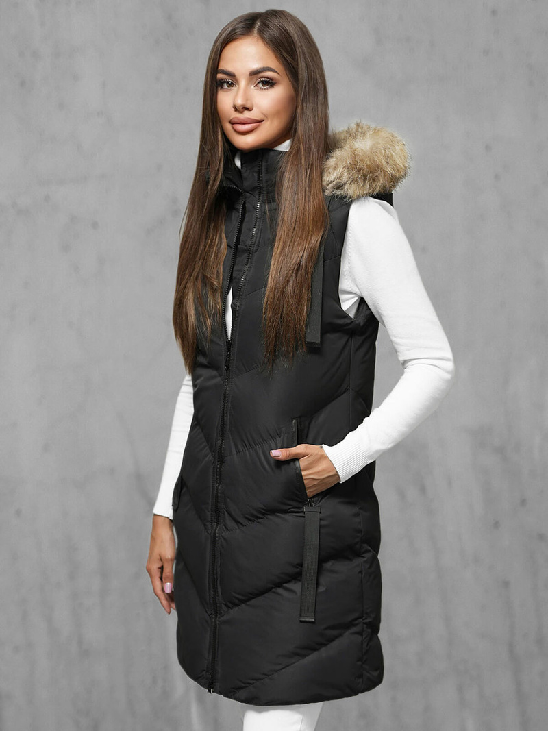 Kamizelka damska długa pikowana z futerkiem czarna OZONEE JS/M787/392