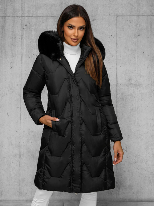 Kurtka zimowa damska długa z futerkiem czarna OZONEE JS/16M9202/392Z