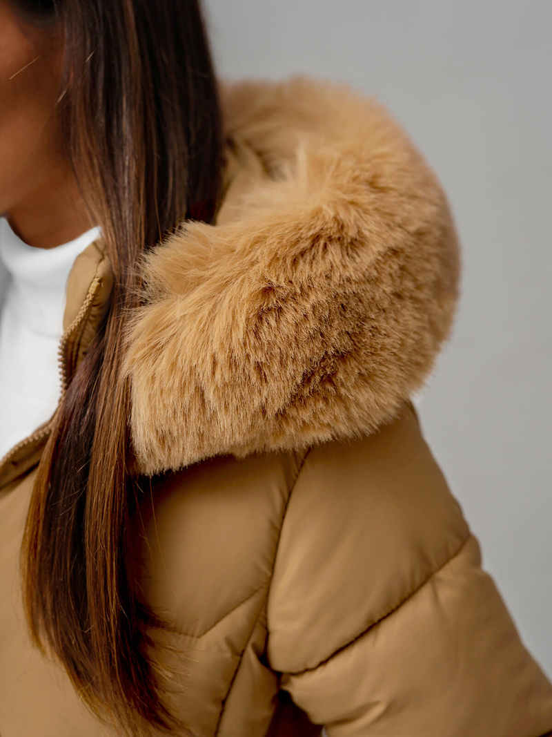 Kurtka zimowa damska długa z futerkiem beżowa OZONEE JS/16M9202/62Z