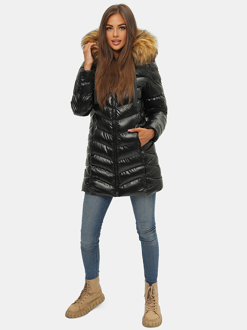 Kurtka zimowa damska z futerkiem czarno-brązowa OZONEE JS/M778/392A