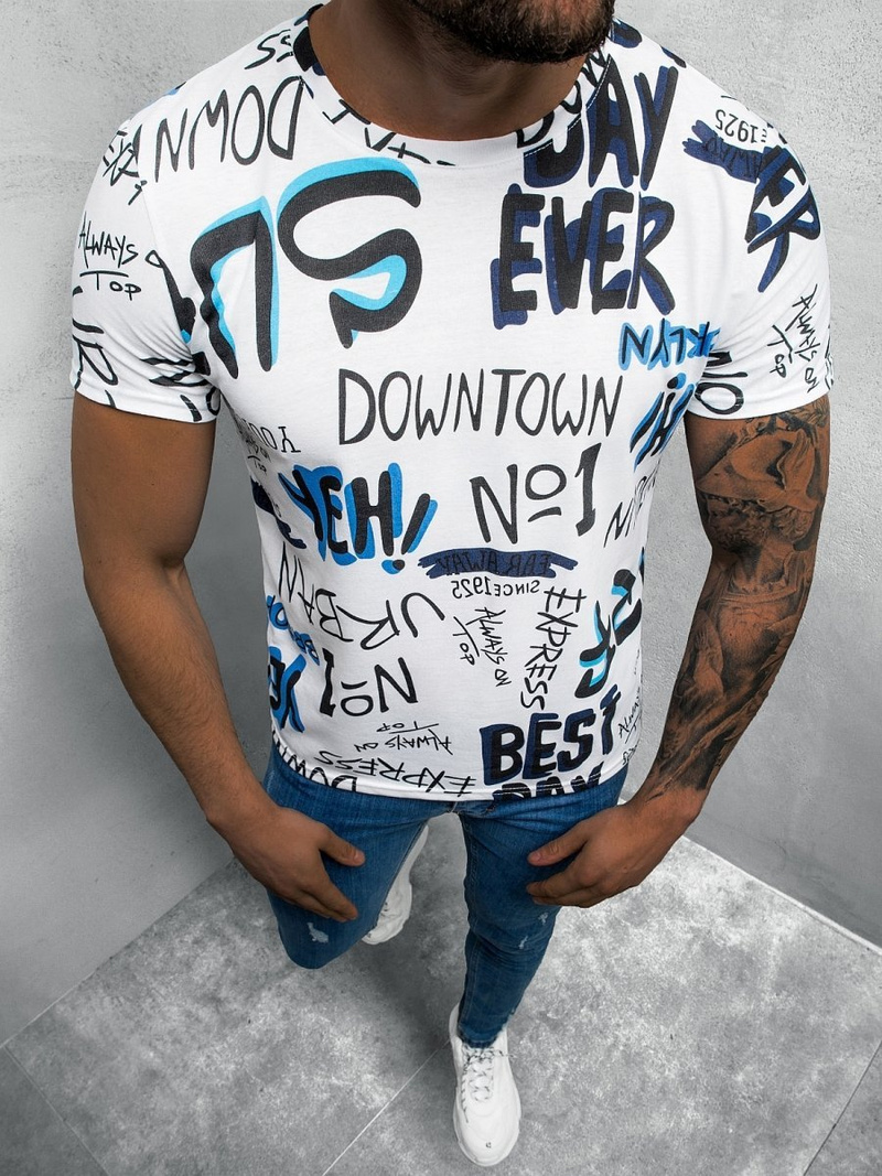 T-Shirt męski z nadrukiem biało-niebieski OZONEE O/BL67Z