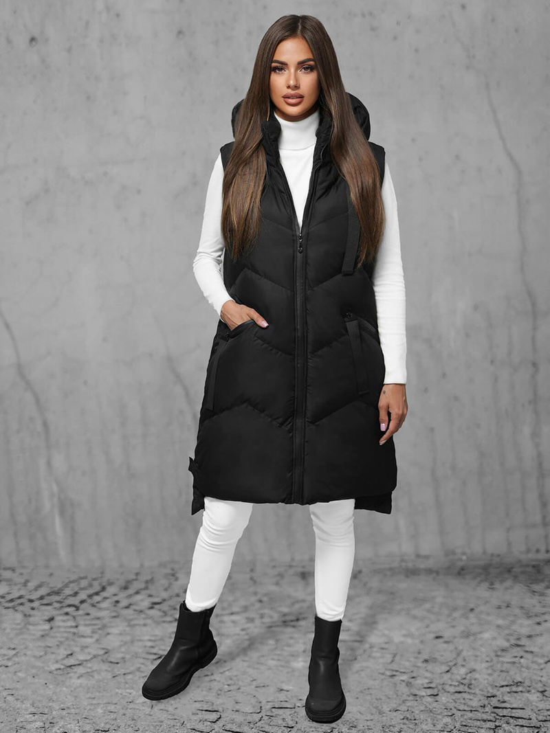 Kamizelka damska długa pikowana z kapturem czarna OZONEE JS/M788/392Z