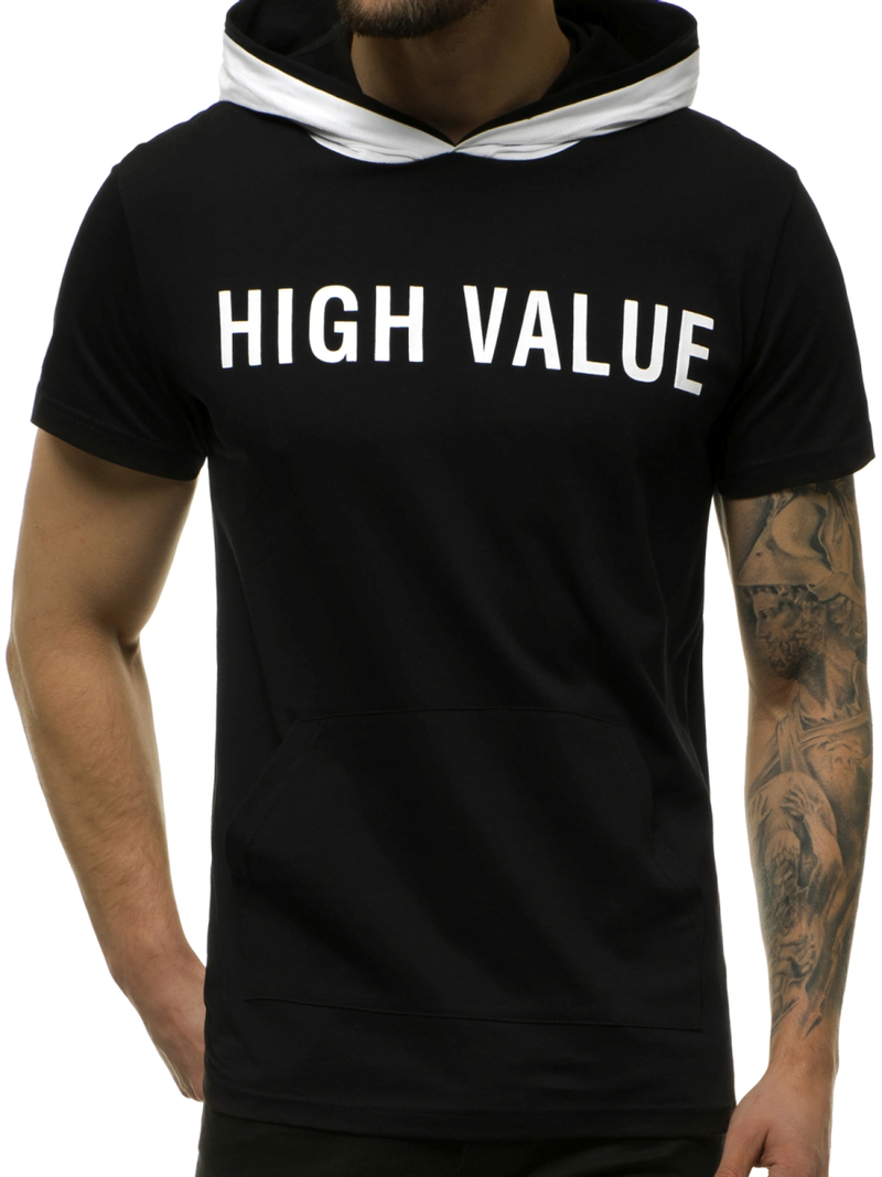 T-Shirt z kapturem męski czarny OZONEE MAD/3076