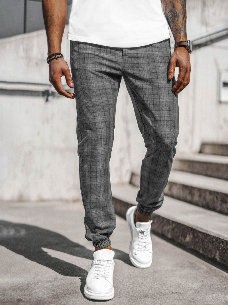 Spodnie męskie chino joggery w kratę grafitowe OZONEE DJ/2290/22Z
