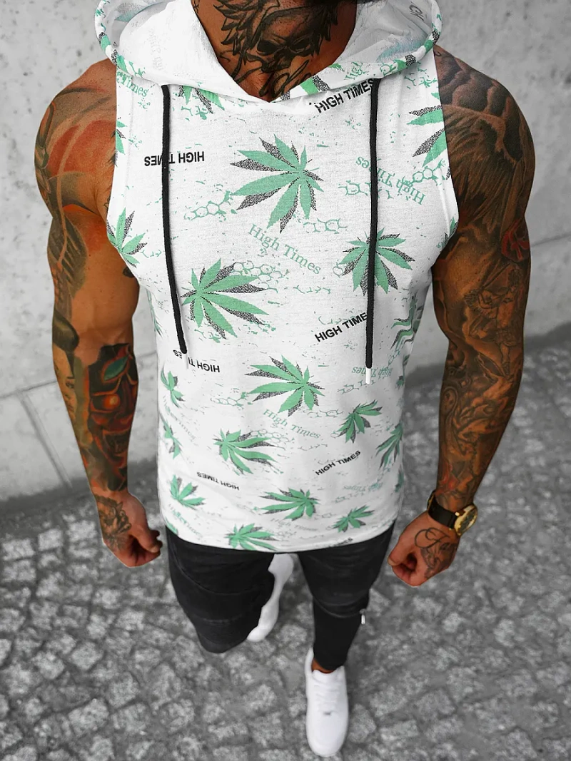 Koszulka bez rękawów męska z nadrukiem biało-zielona OZONEE O/BL306