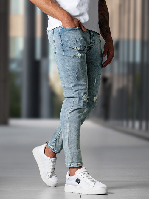 Spodnie jeansowe męskie slim fit niebieskie OZONEE O/0526