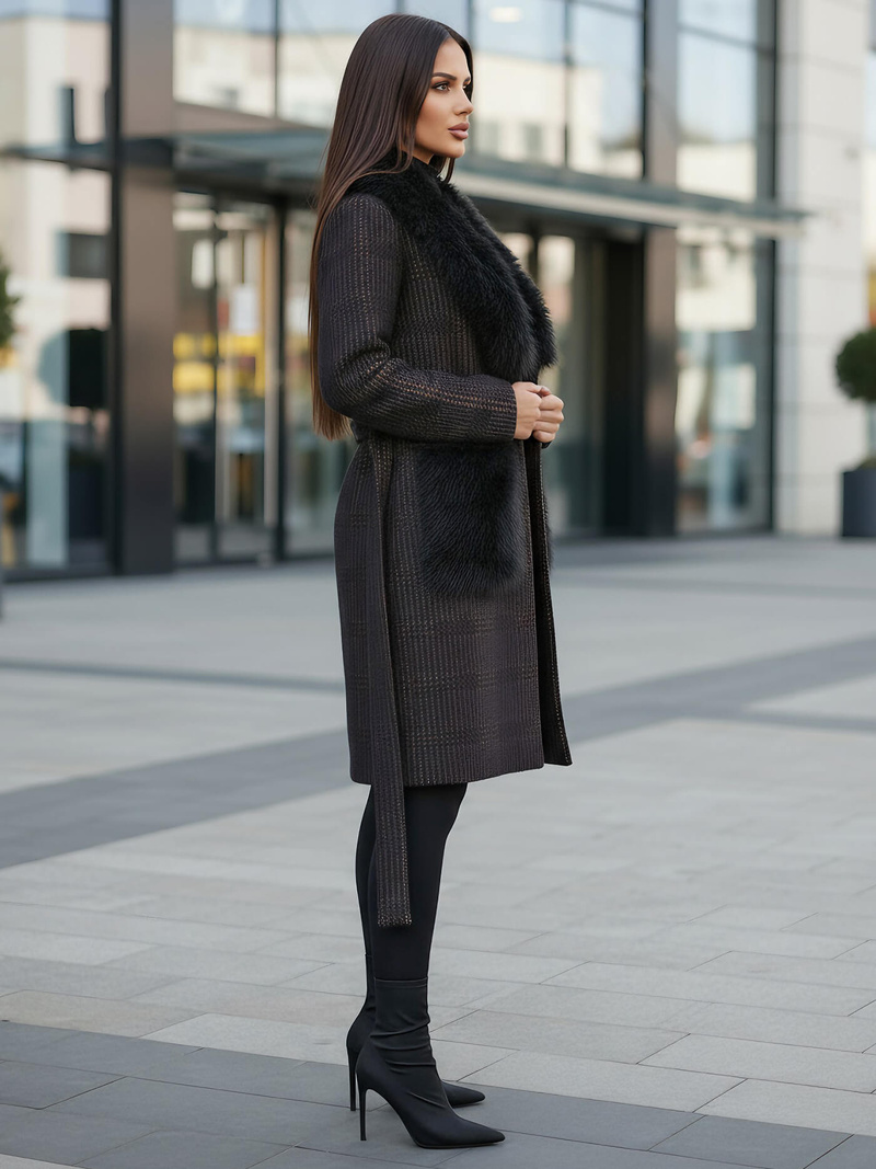 Płaszcz damski z futerkiem czarny OZONEE JS/53M5200/1Z