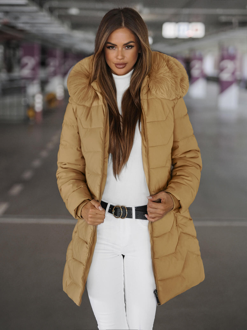 Kurtka zimowa damska długa z futerkiem beżowa OZONEE JS/16M9121/62Z