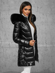 Kurtka zimowa damska długa z futerkiem czarna OZONEE JS/16M9122/392