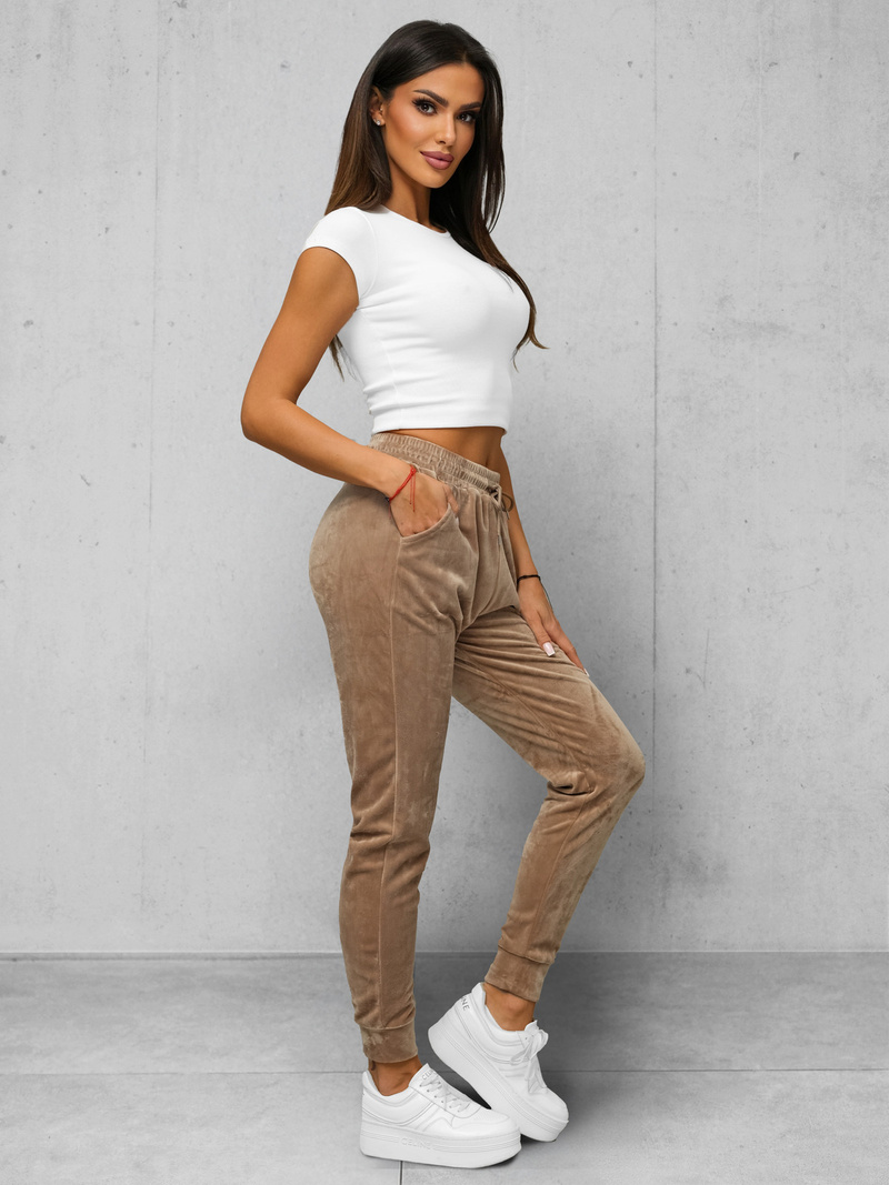 Spodnie dresowe damskie welurowe ciemno-beżowe OZONEE JS/8K1532/91