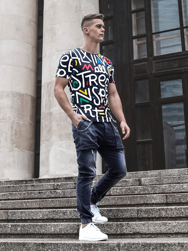 T-Shirt męski z nadrukiem czarny OZONEE MR/21518