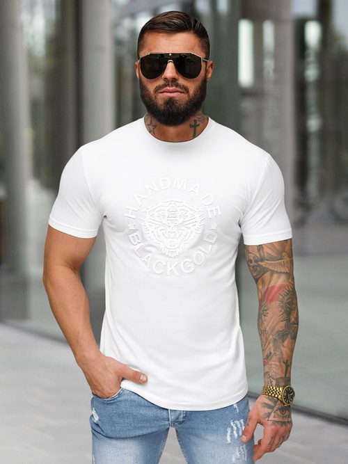 T-shirt męski slim fit z wypukłym nadrukiem mono biały OZONEE NB/MT3019/02